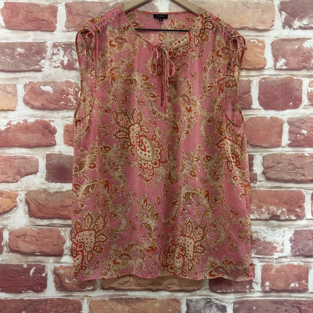Talbots Top Women's XL Pink Boho Floral Tie Shoulder Sheer Chiffon Casual Shirt